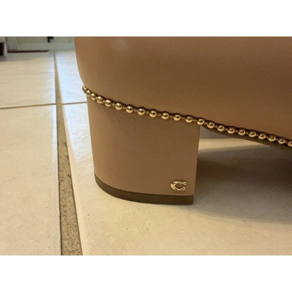 COACH Women’s Beige Pointed Toe Studded Trim Solid Slip-On Block Heel Pumps